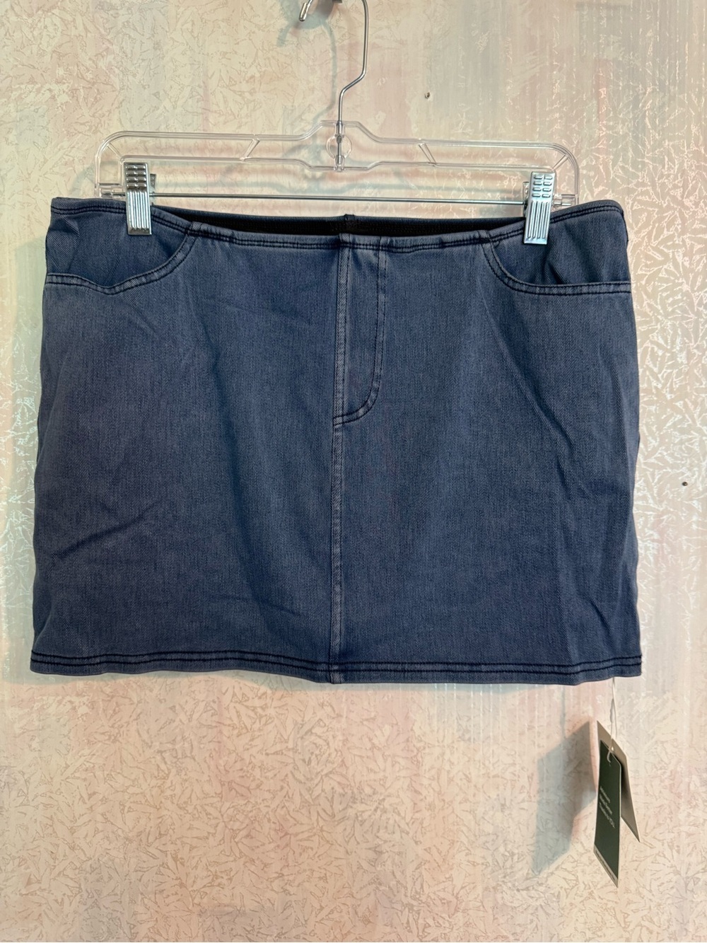 HALARA Navy Denim-Look Mini With Shorts Under Skirt, Two Pockets, Faux Fly, Sz L
